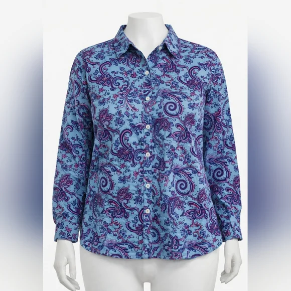 Large / 12 FOXCROFT APPLESEEDS 100% Cotton Paisley Button Down Wrinkle Free - Picture 2 of 4